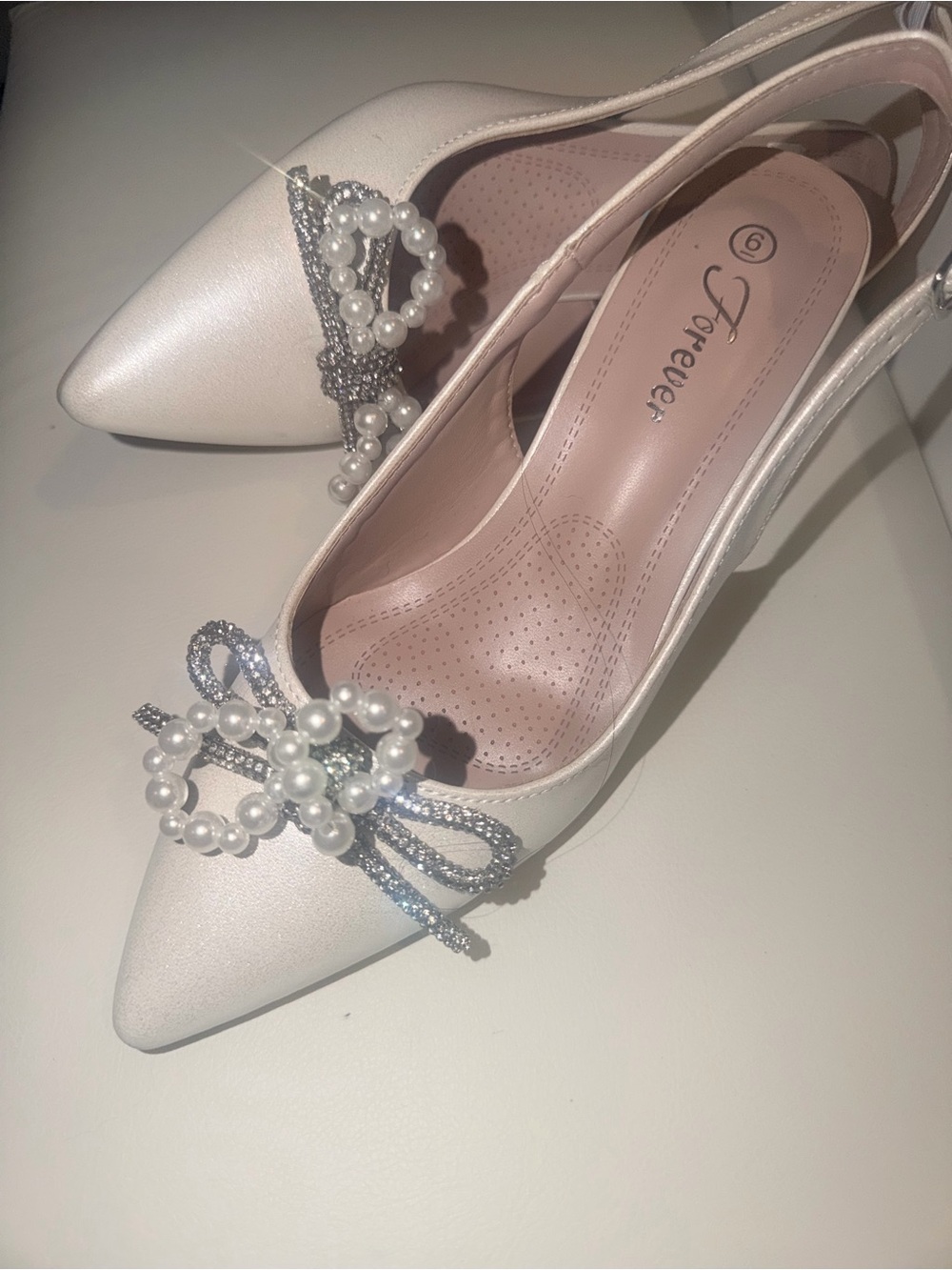 Forever 21 White Pearl & Rhinestone Bow Slingback Heels